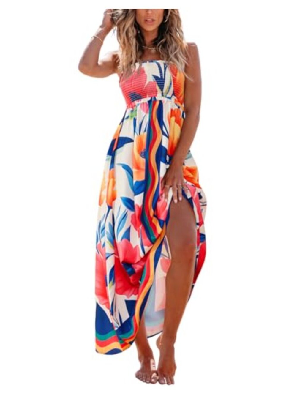 Smocked Floral Flowy Maxi Sundress Spaghetti Strap Sleeveless Beach